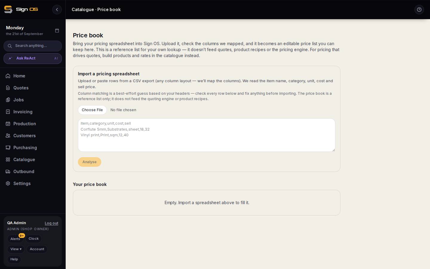 Import your pricing spreadsheet — the screen in Sign OS