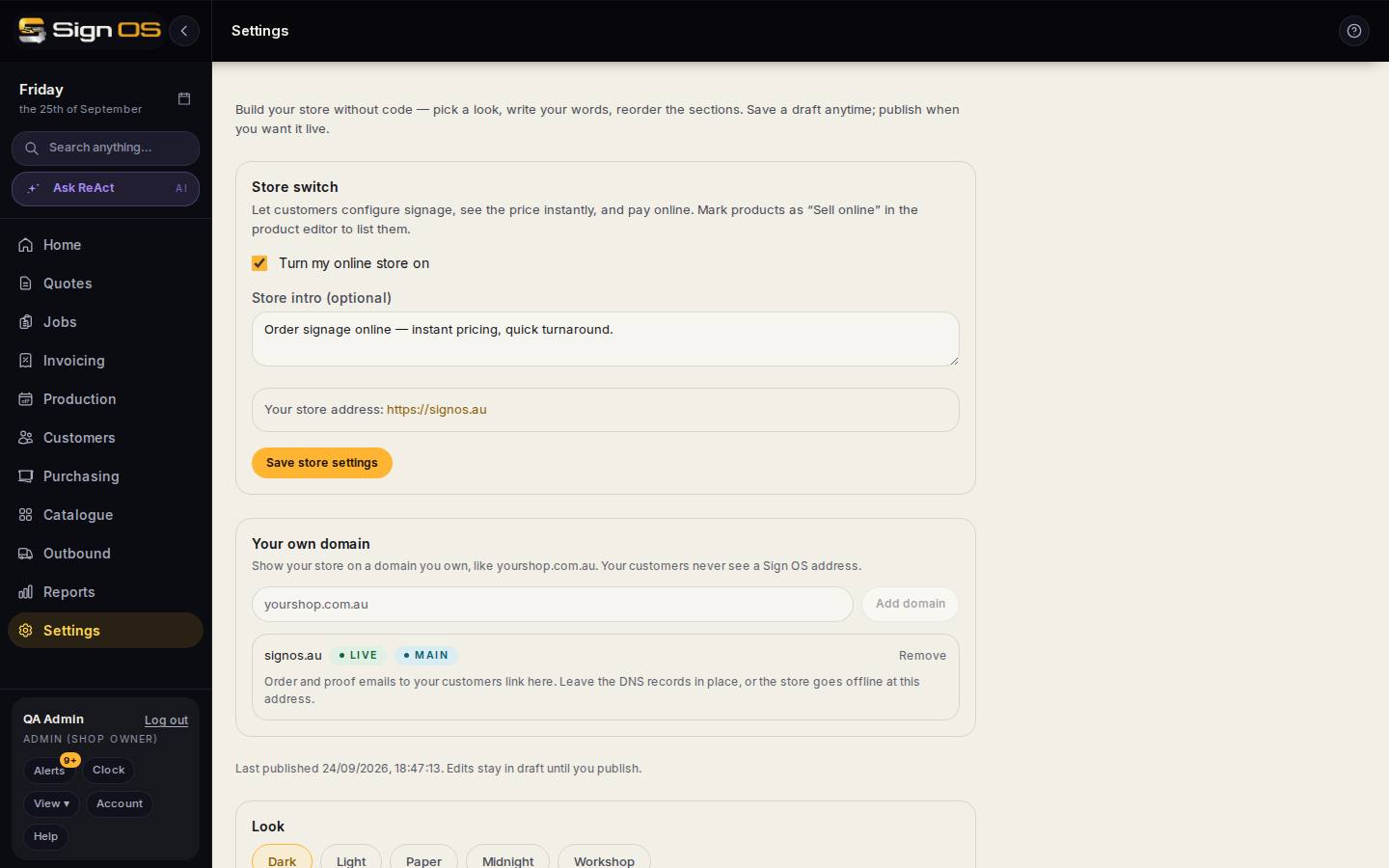 Build your online store — the screen in Sign OS