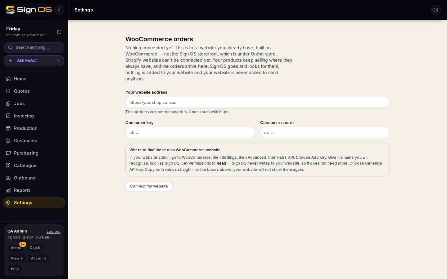 Pull orders in from your WooCommerce site — the screen in Sign OS