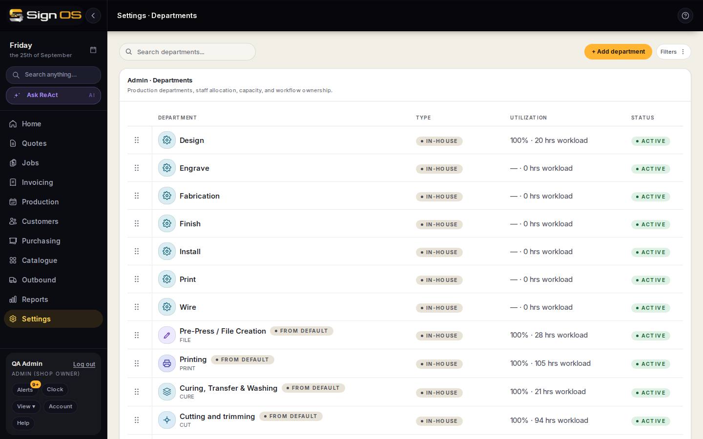 Create your departments — the screen in Sign OS