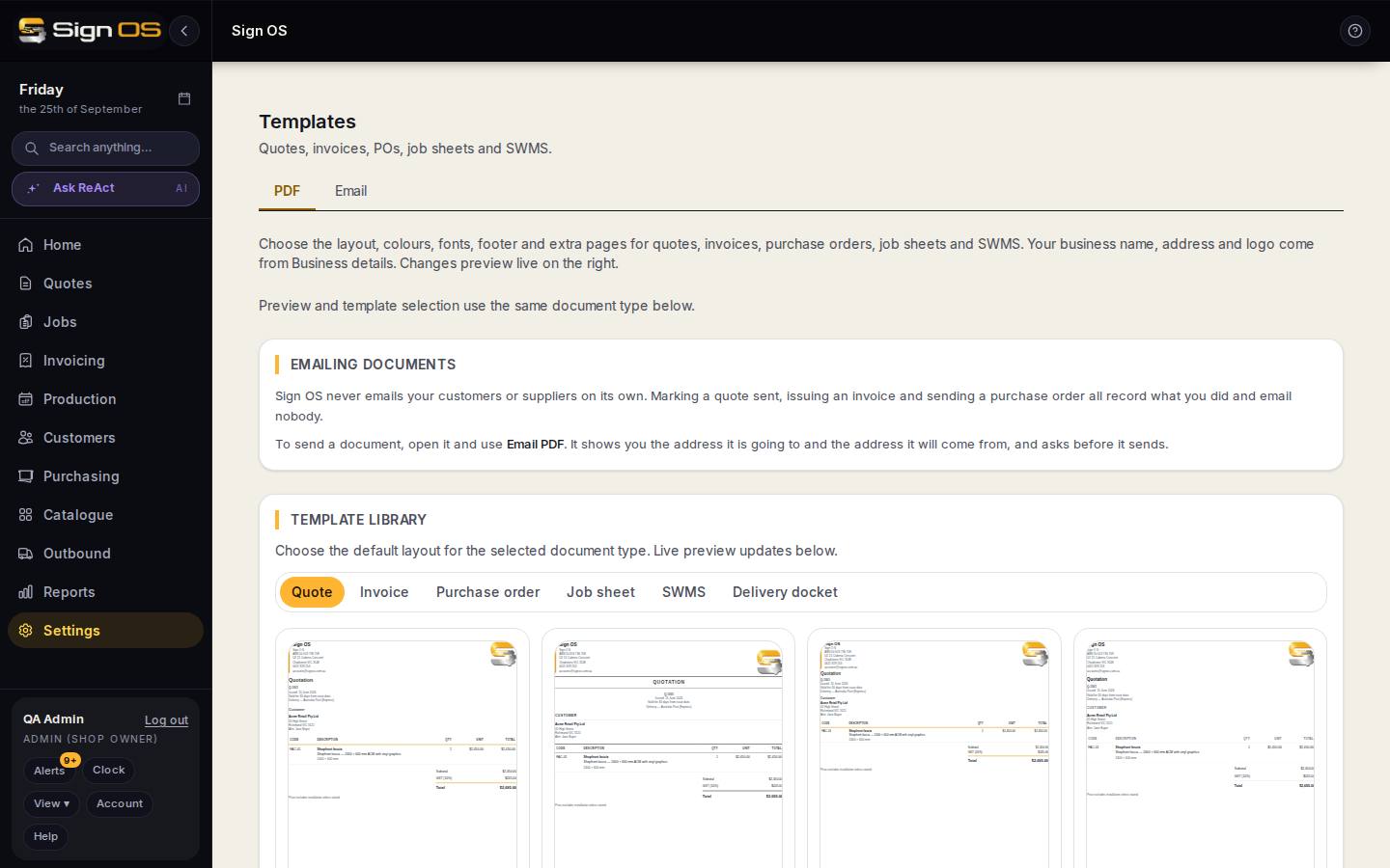 Customise your document templates — the screen in Sign OS