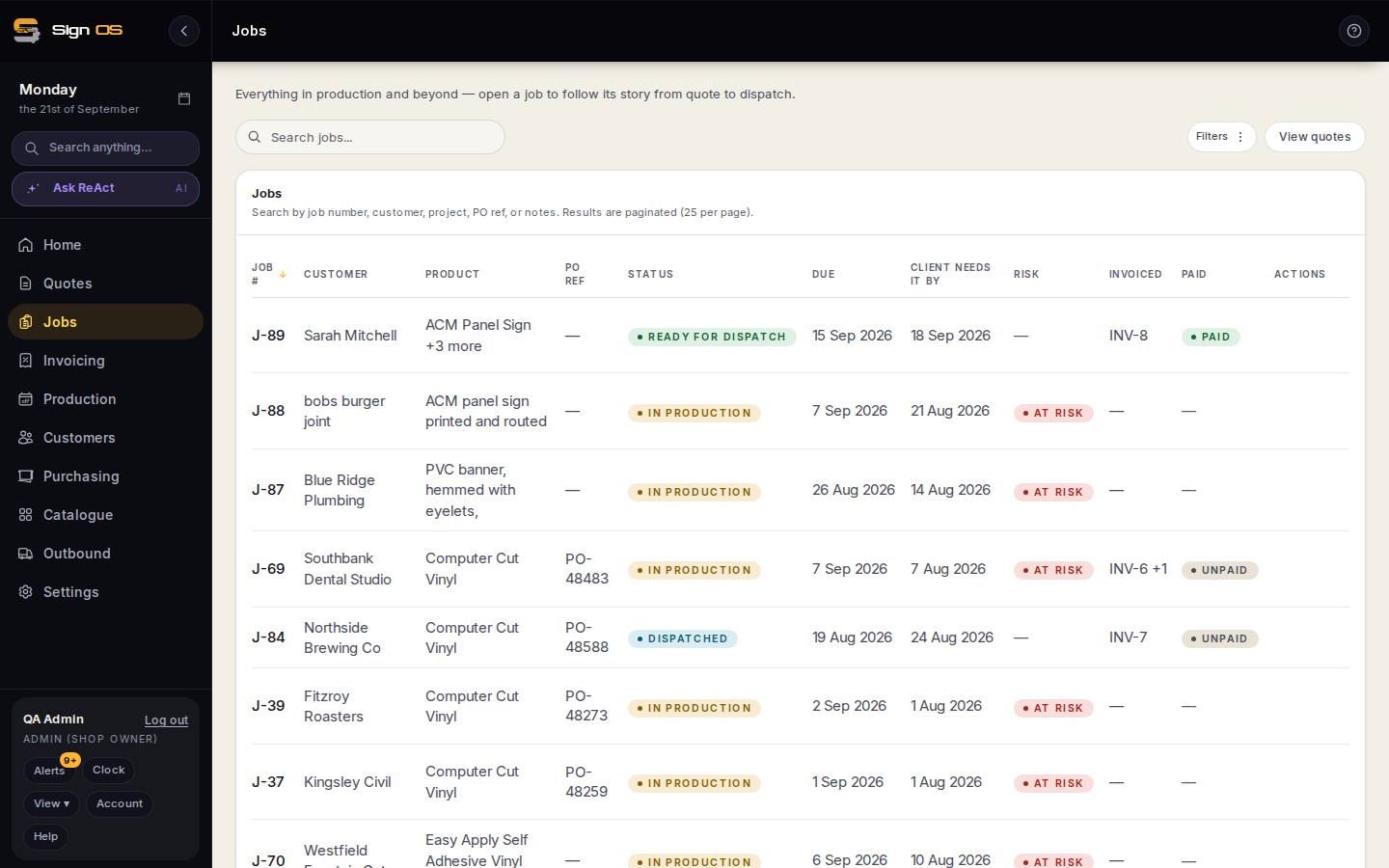 Void an invoice you haven't sent — the screen in Sign OS