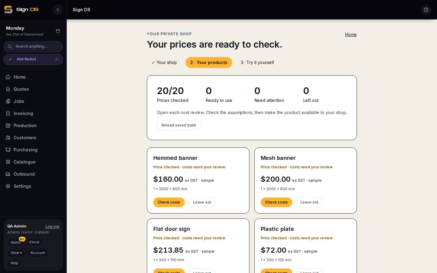 Set your shop up in three steps — the screen in Sign OS