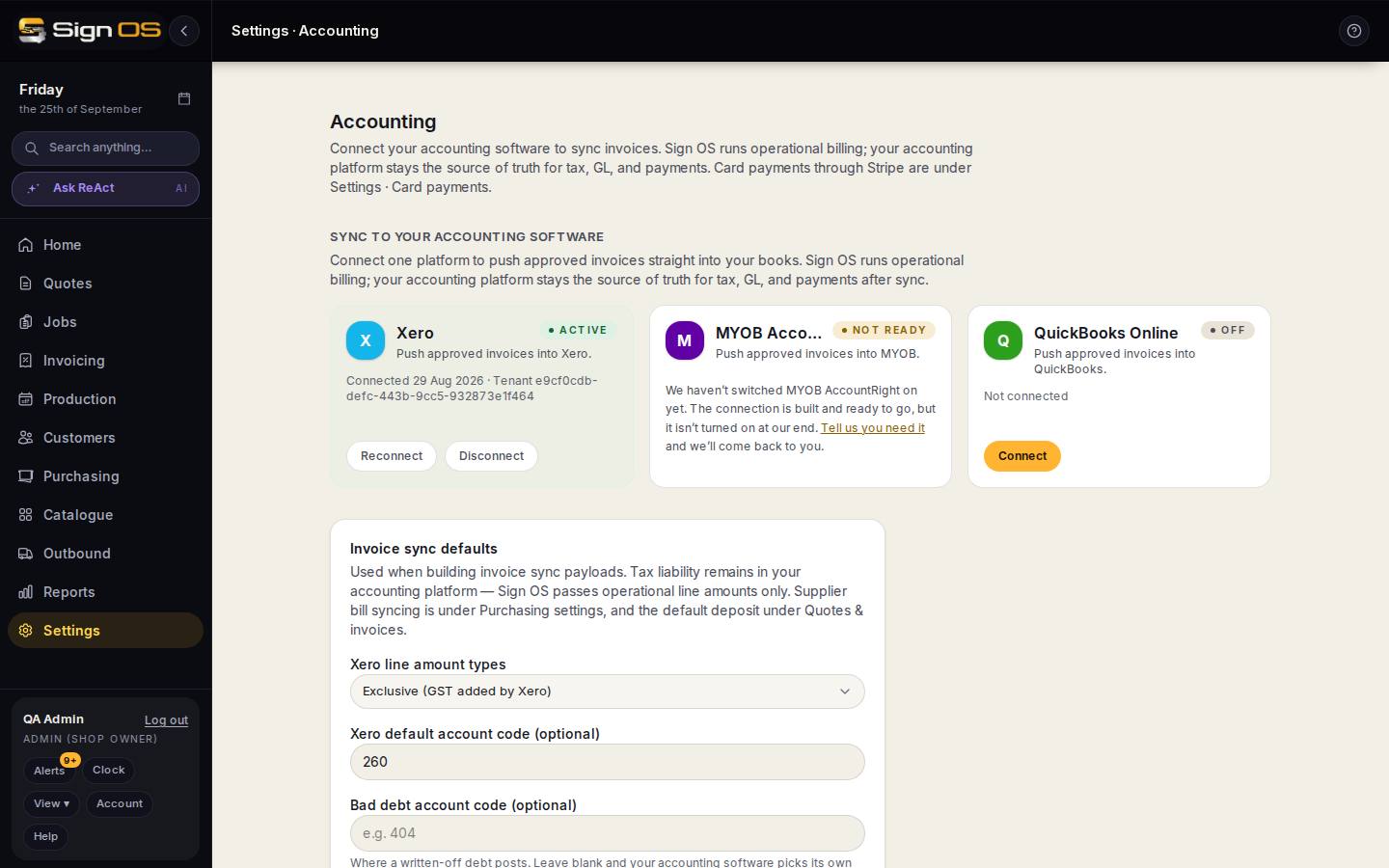 Connect Xero or QuickBooks — the screen in Sign OS