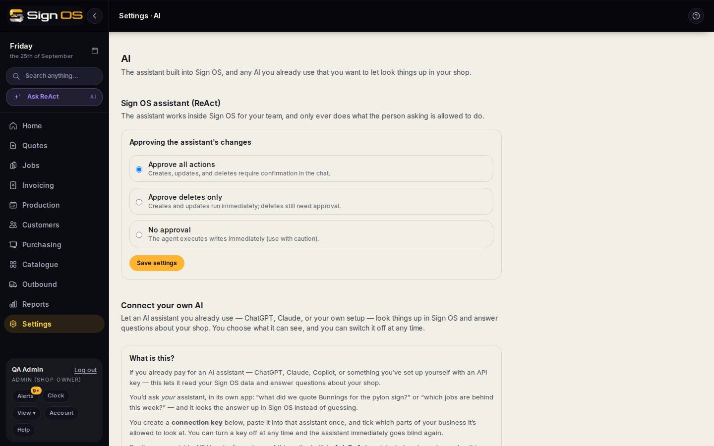 Set up AI: the Sign OS assistant and your own AI — the screen in Sign OS