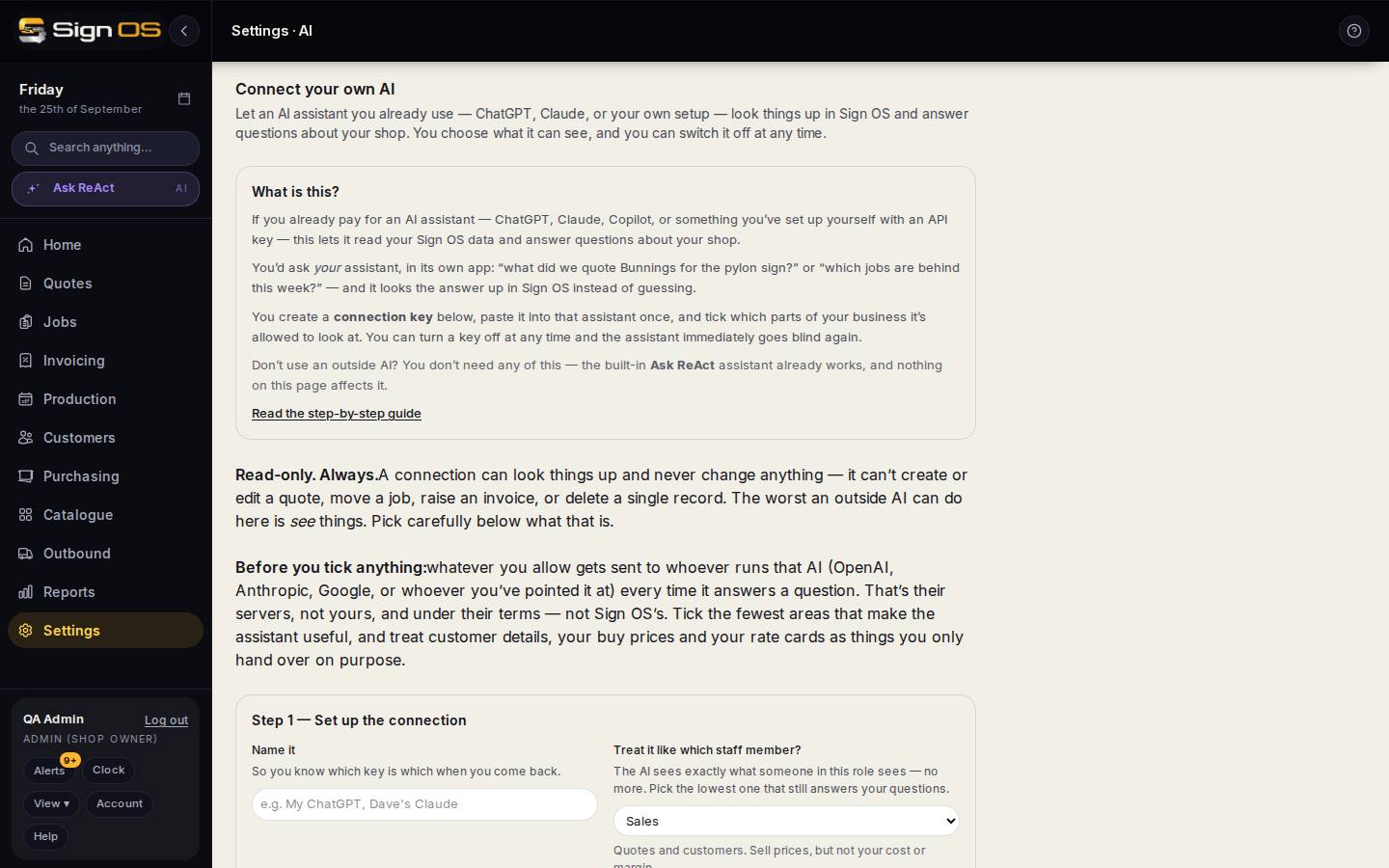 Connect your own AI (ChatGPT, Claude) — the screen in Sign OS