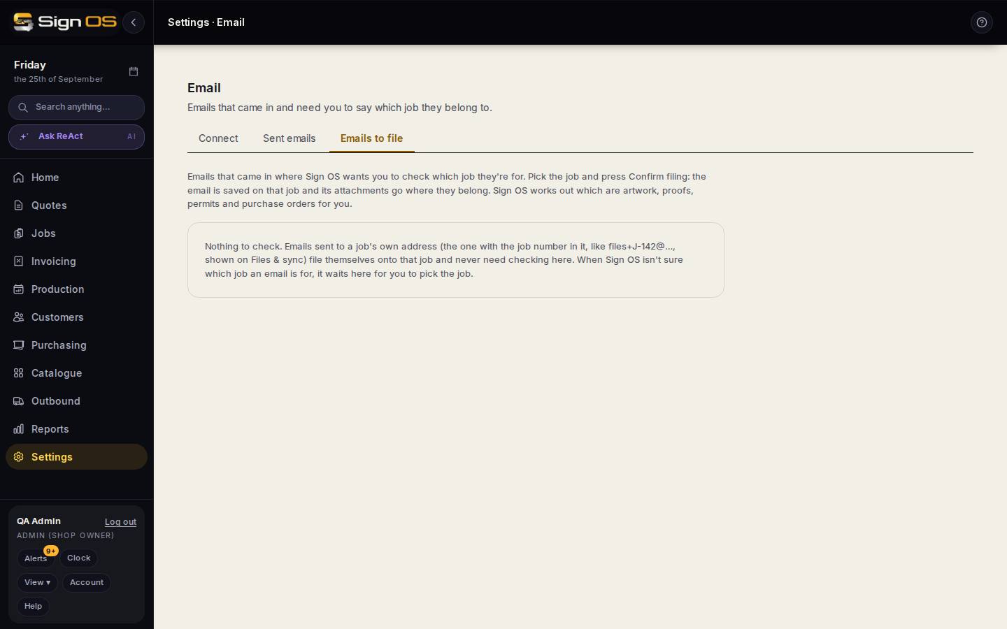 File incoming emails to the right job — the screen in Sign OS