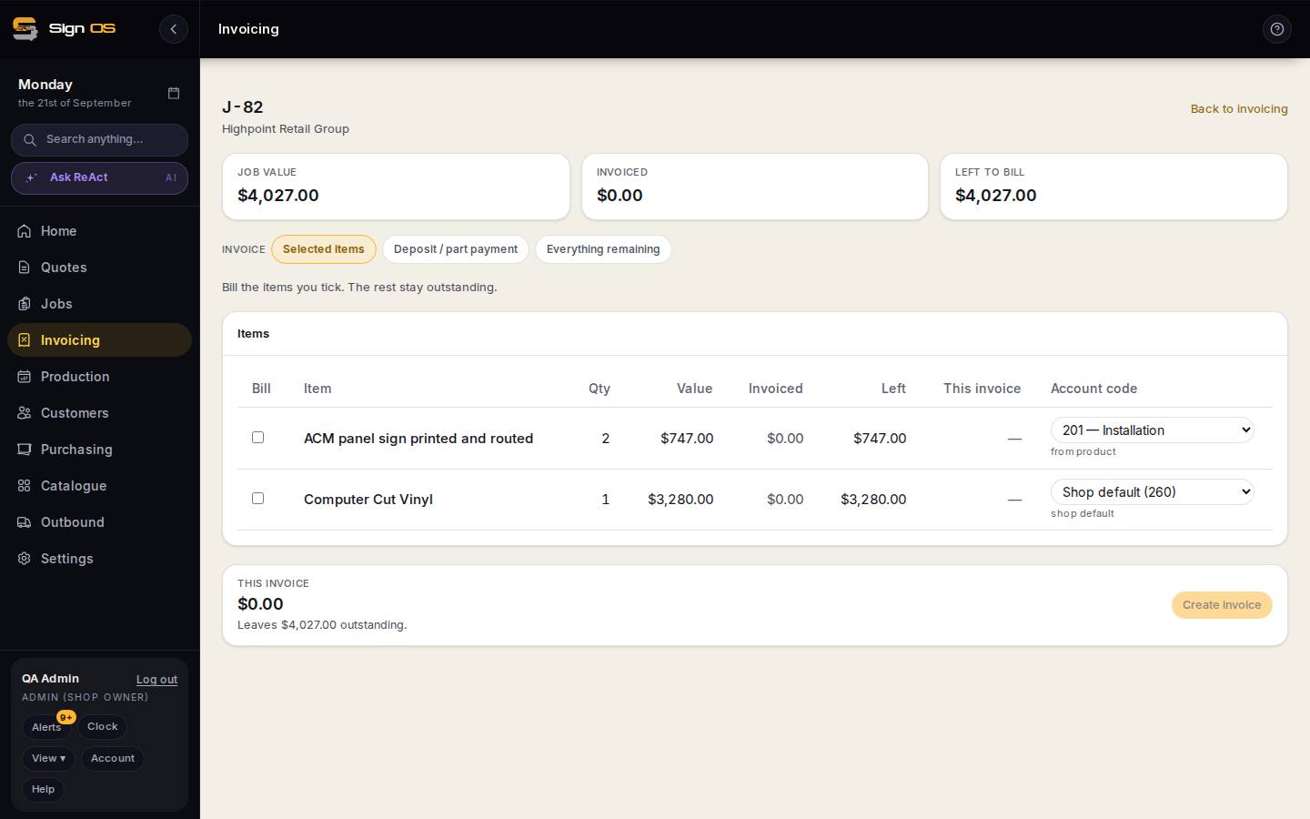 Take a deposit or part payment — the screen in Sign OS