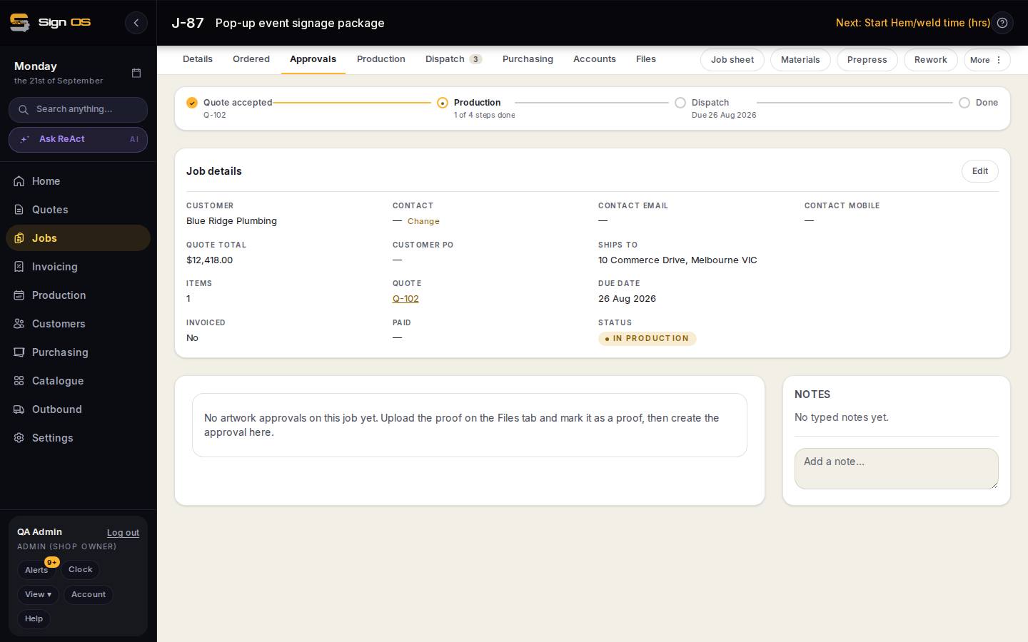 Get artwork approved by the customer — the screen in Sign OS