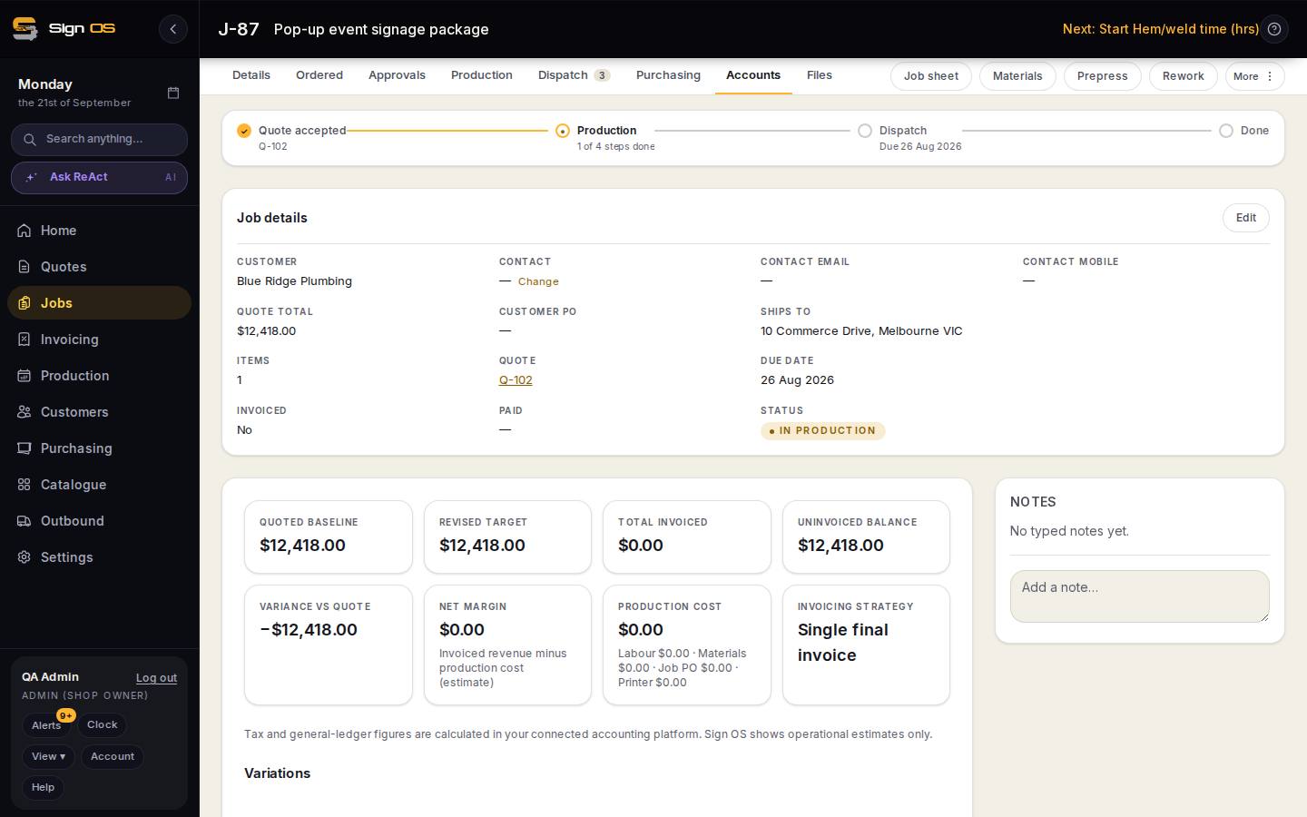 The money side — materials, POs, dispatch & accounts — the screen in Sign OS