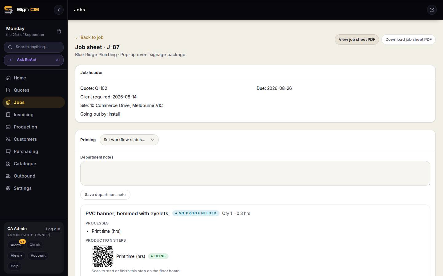 Print the job sheet & SWMS — the screen in Sign OS