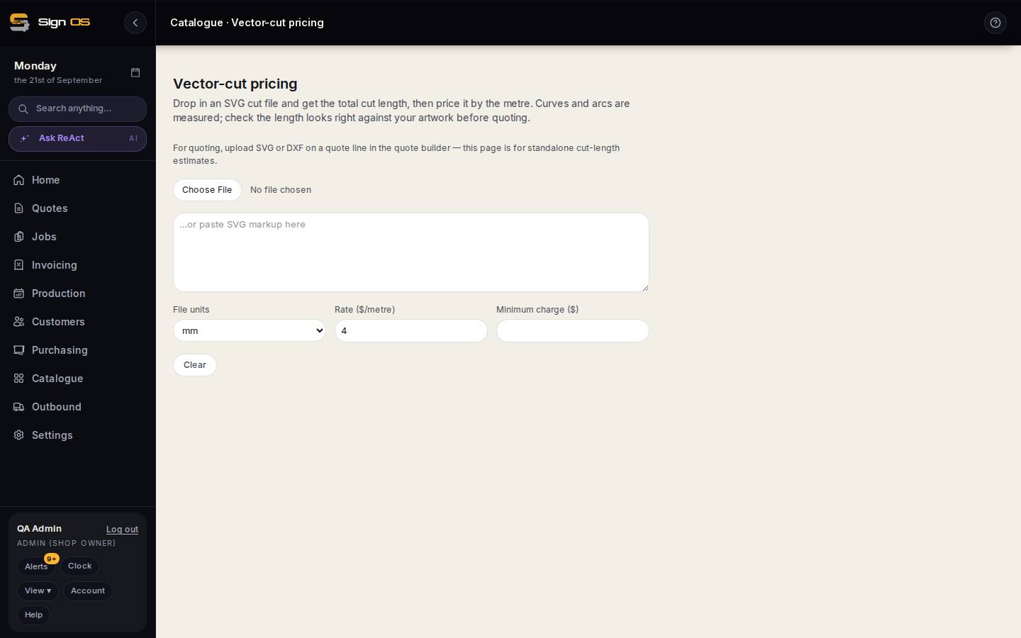 Price a cut file by the metre — the screen in Sign OS