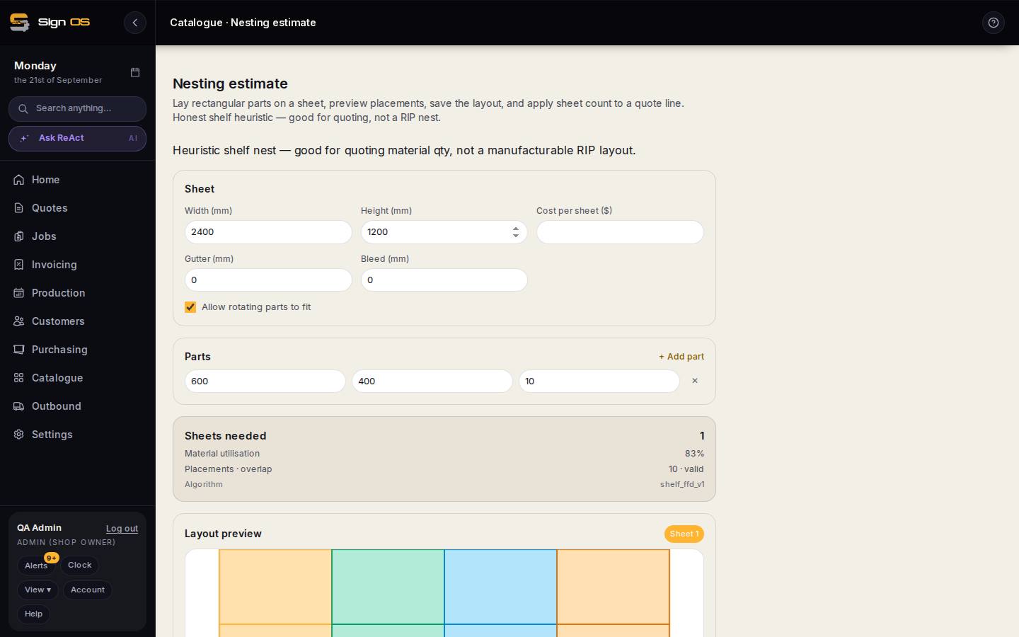 Estimate how many sheets a job needs — the screen in Sign OS
