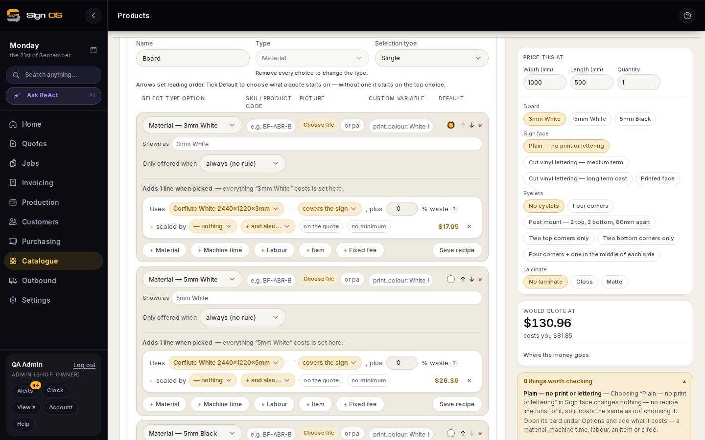Make a choice change the price — the screen in Sign OS