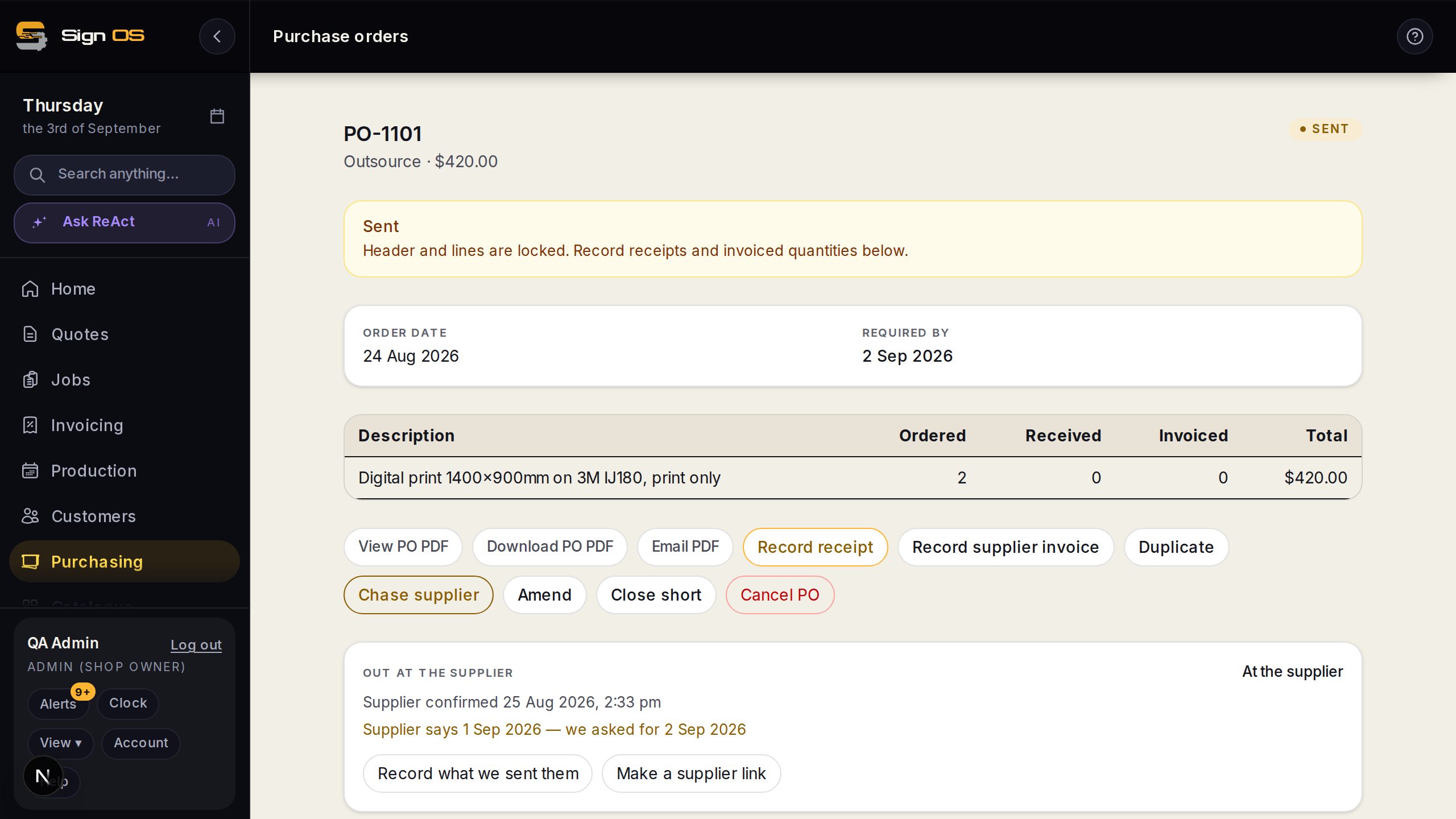 A sent purchase order with Amend, Close short and Cancel PO available