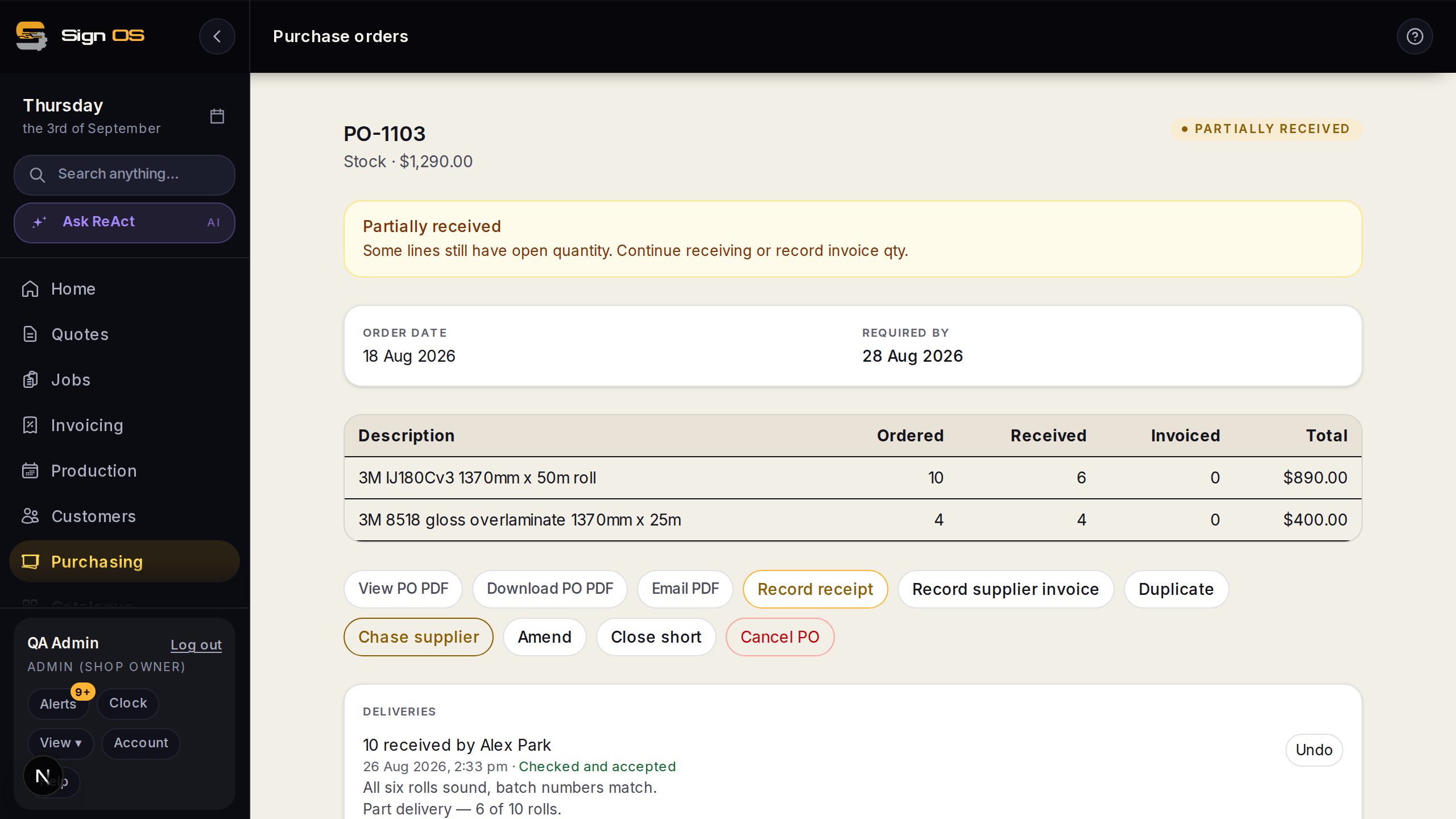 A part-received purchase order showing ordered, received and invoiced side by side, with Record receipt, Amend, Close short and Cancel PO