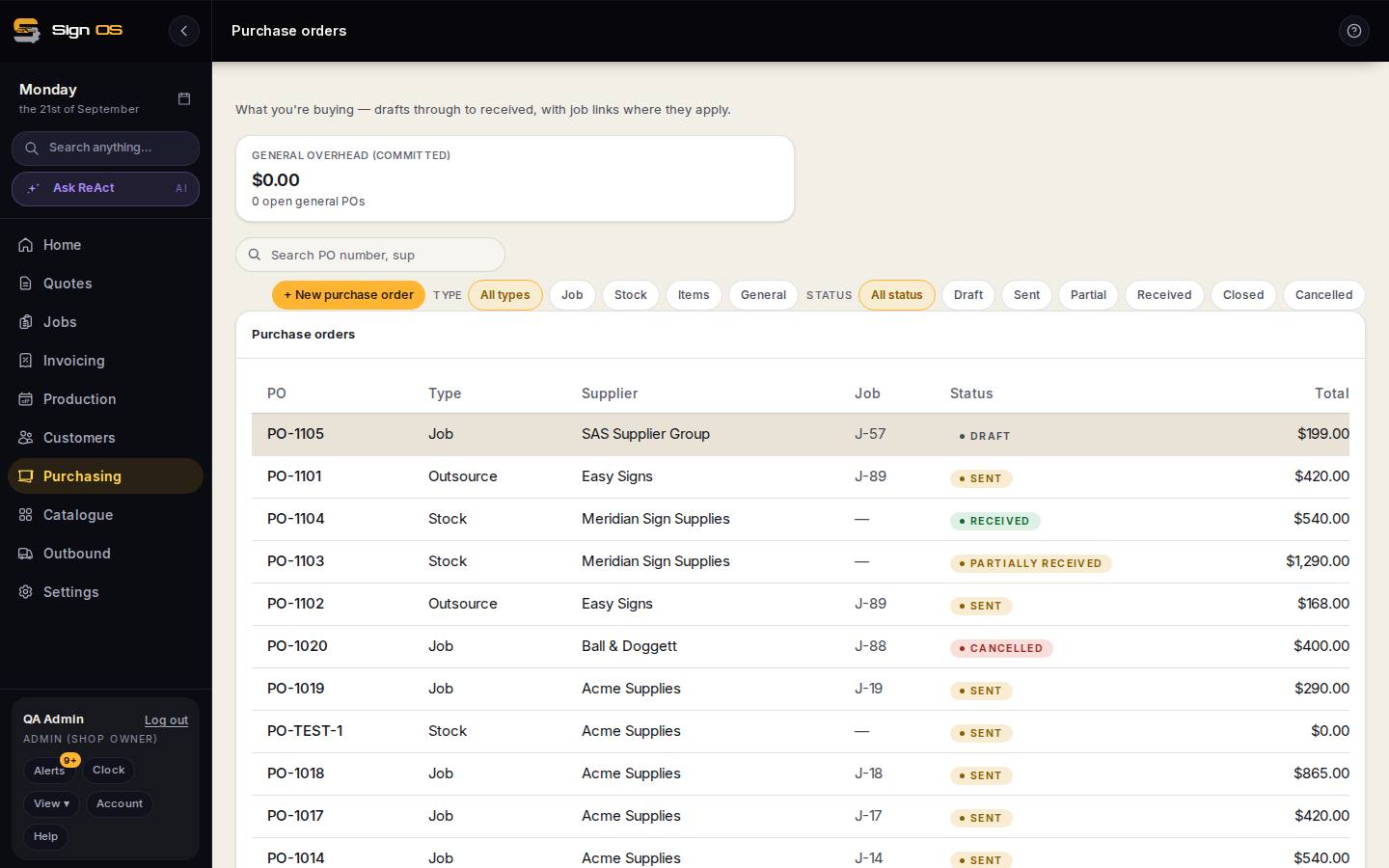 See what needs reordering — the screen in Sign OS