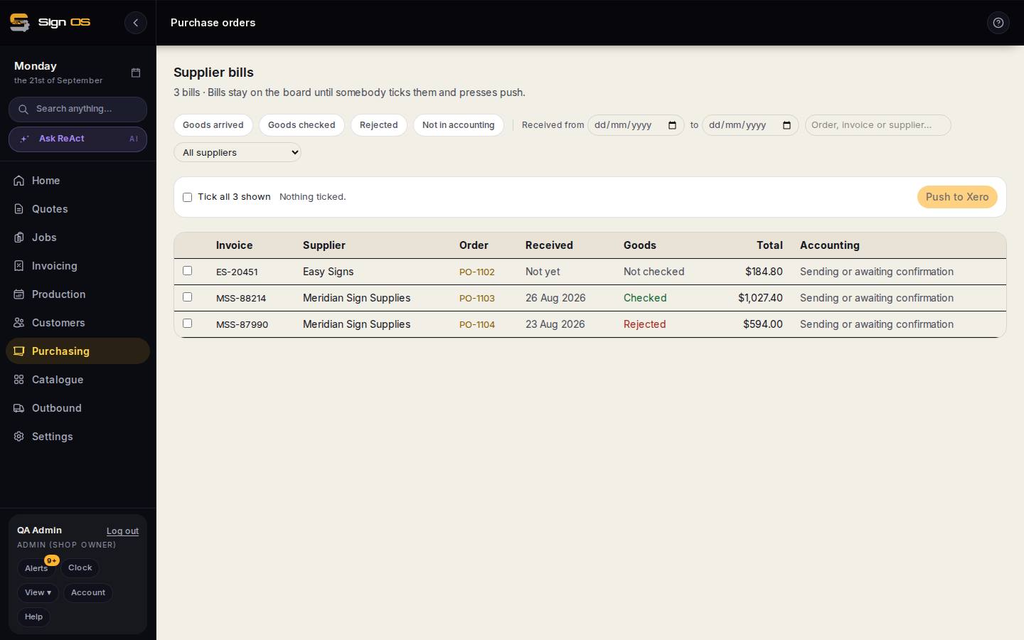 Send supplier bills to your accounting — the screen in Sign OS