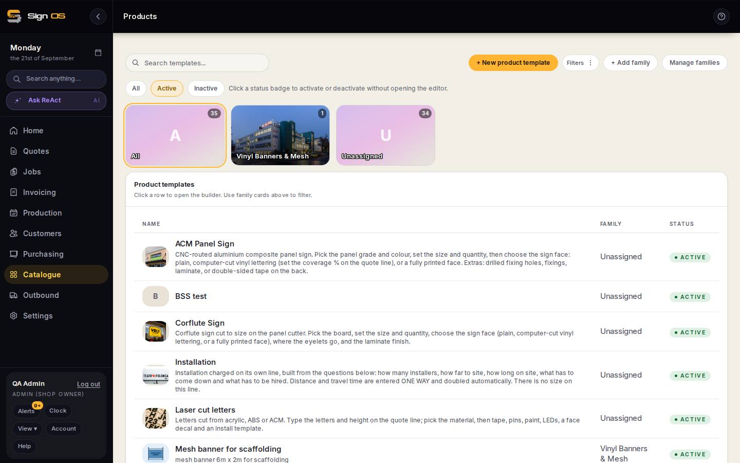 Price breaks and tiered square-metre pricing — the screen in Sign OS