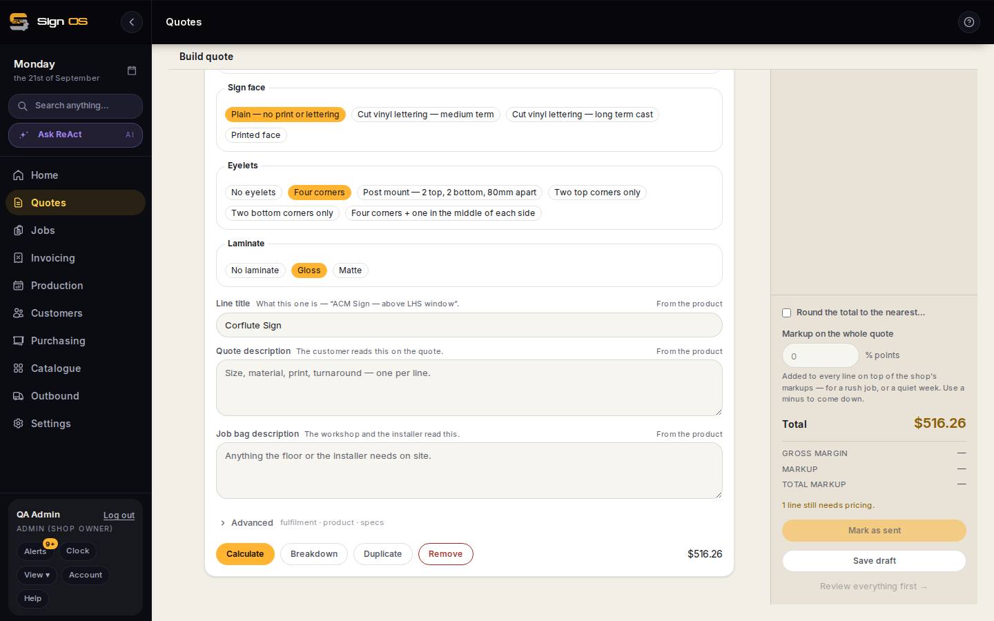 Add a product line and price it — the screen in Sign OS