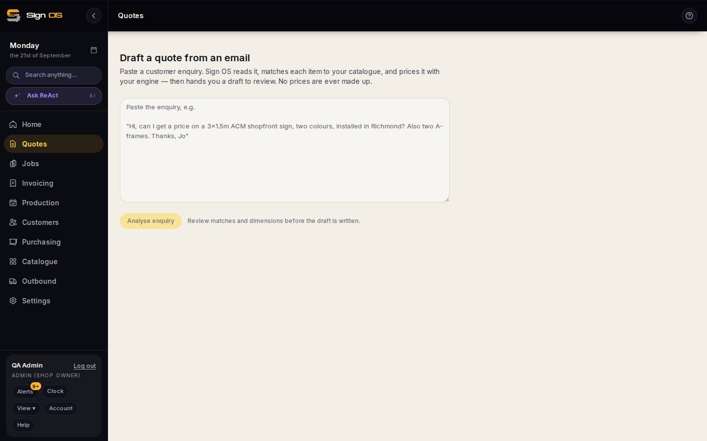 Draft a quote from an enquiry email — the screen in Sign OS