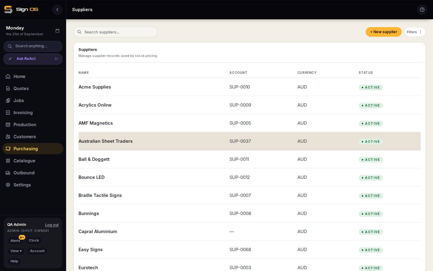Add your suppliers — the screen in Sign OS