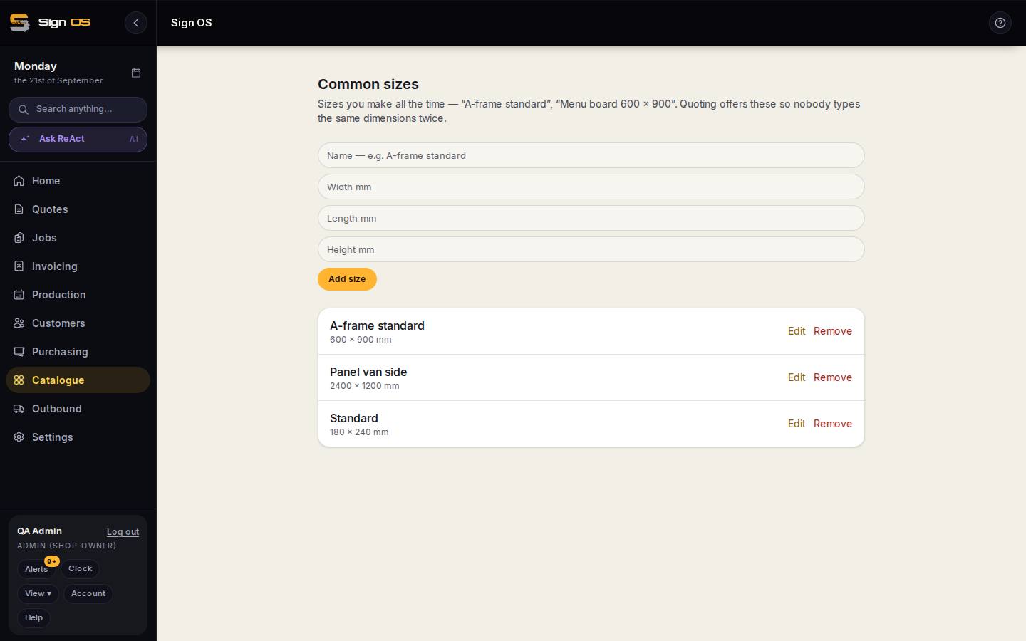 Set up common sizes — the screen in Sign OS