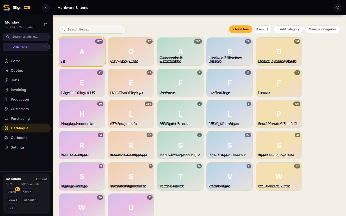 Add hardware & items — the screen in Sign OS