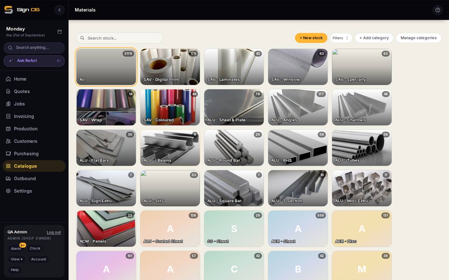 Add materials (your stock library) — the screen in Sign OS