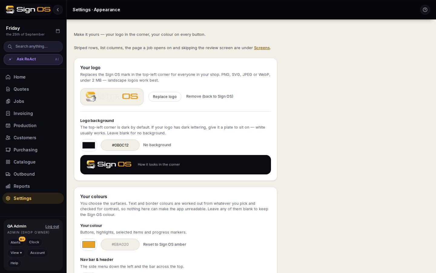 Upload your logo & set your colours — the screen in Sign OS
