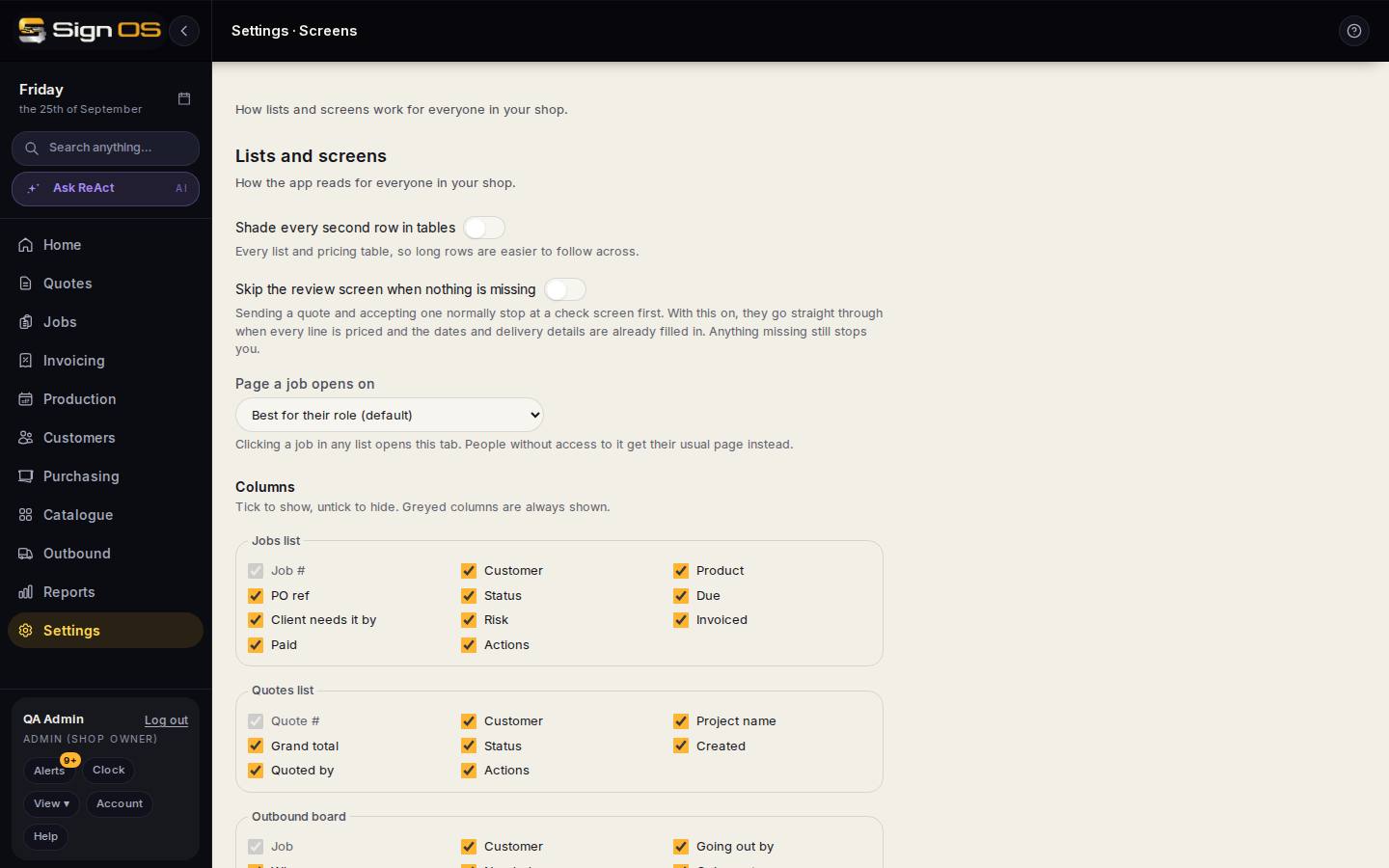 Set how lists and screens work for everyone — the screen in Sign OS