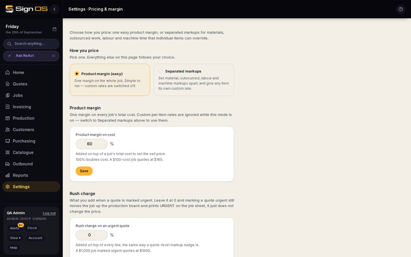 Set your default margin & markup — the screen in Sign OS