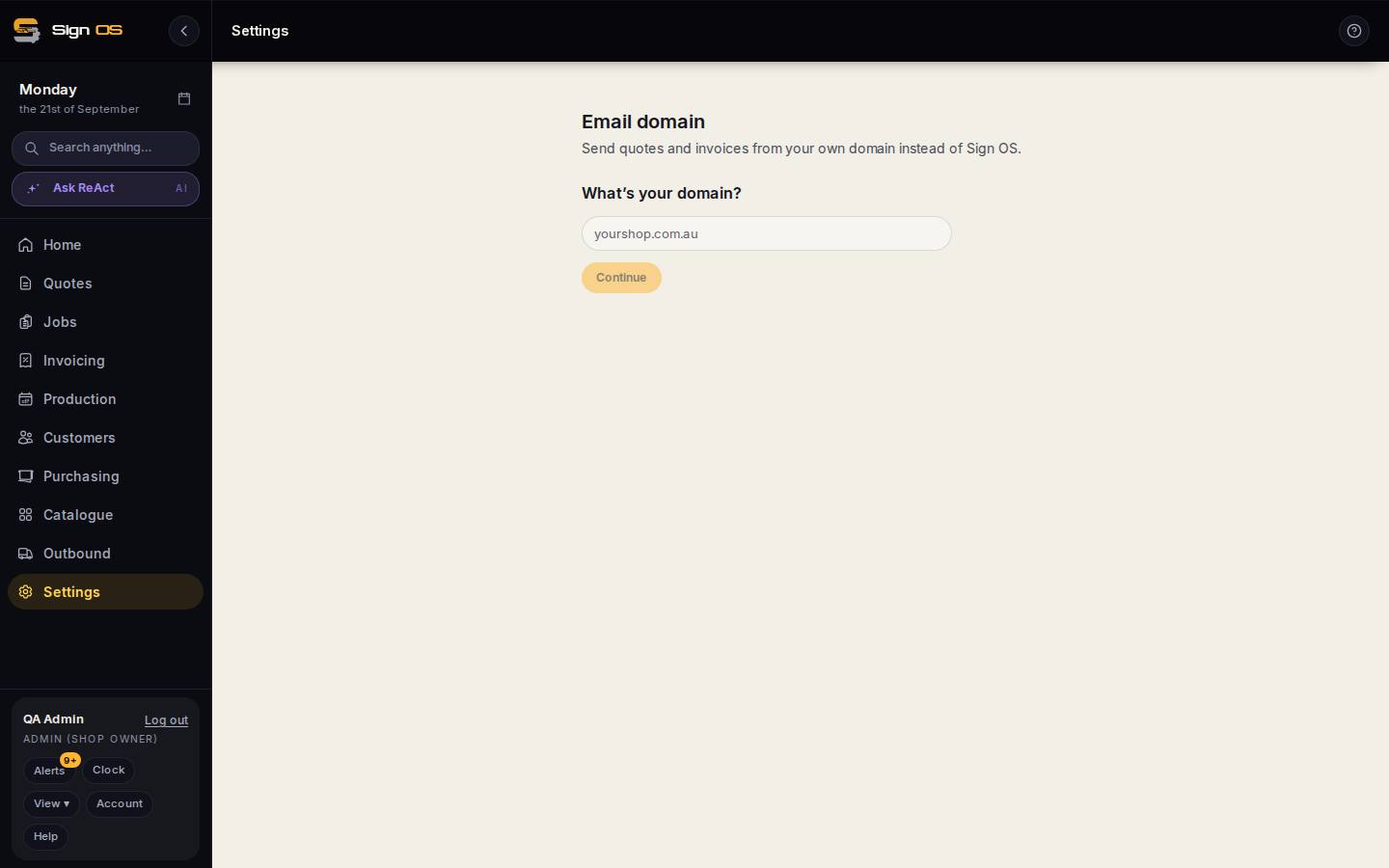 Send quotes from your own email address — the screen in Sign OS
