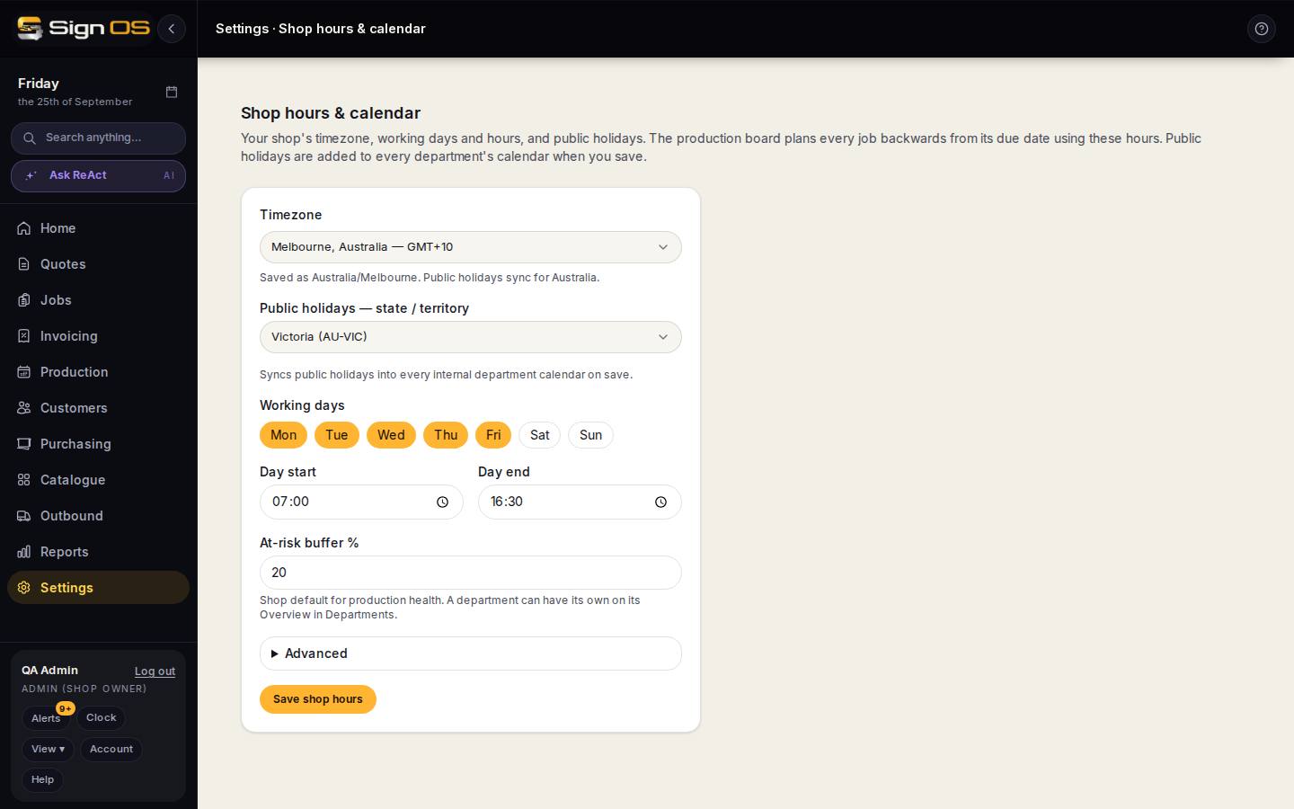 Set your shop hours, holidays & capacity — the screen in Sign OS