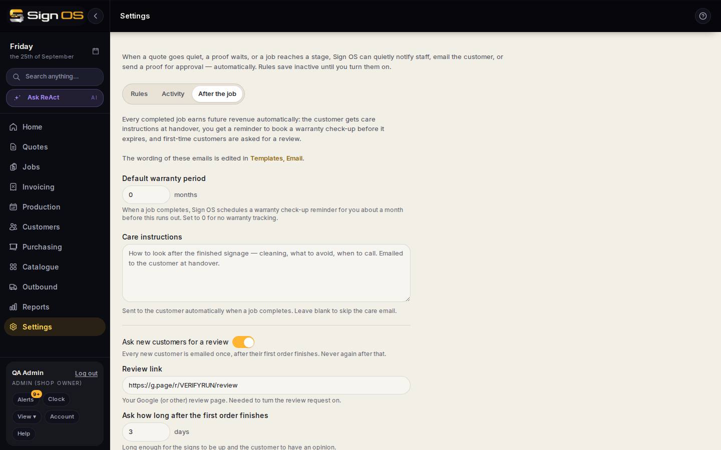 Warranty check-ups, care instructions and review asks — the screen in Sign OS