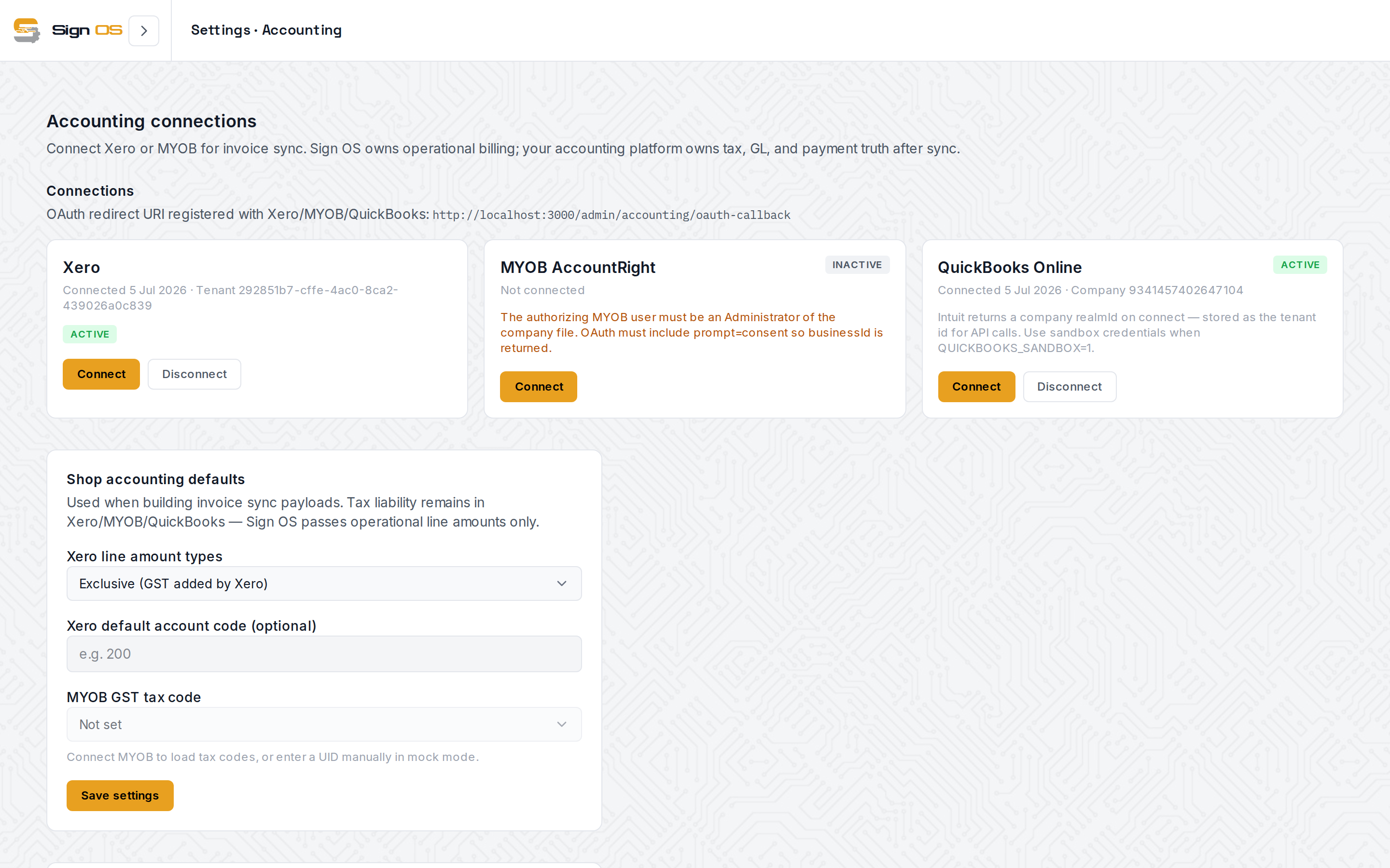 Accounting settings showing the Xero and QuickBooks connection cards
