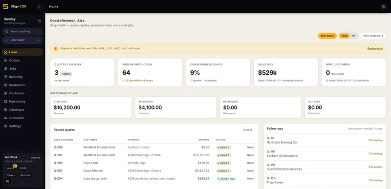 Sign OS owner dashboard with KPIs, recent quotes, follow-ups and job pipeline